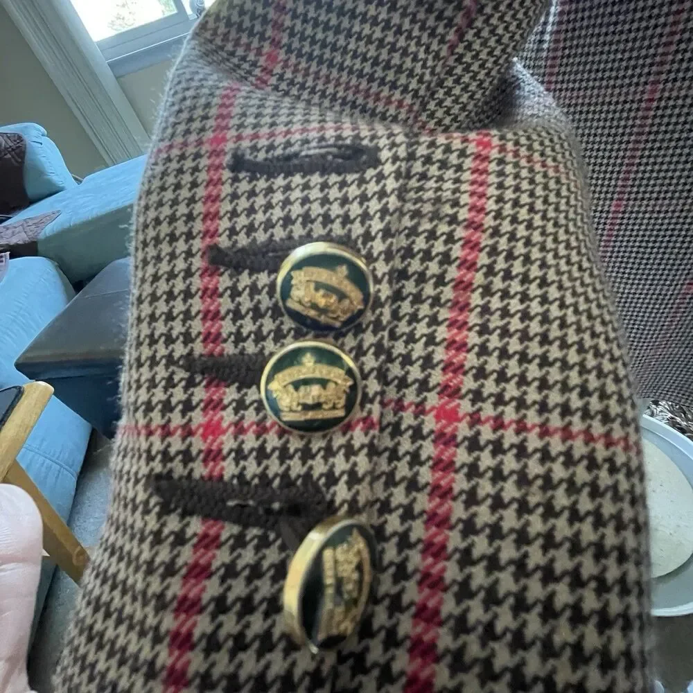 Men's Houndstooth Wool Blend Blazer Gold Buttons Jacket Size Large Preppy Career
